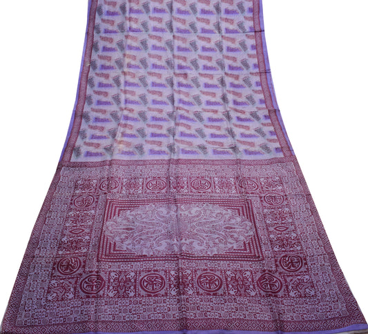 Sushila Vintage Lavender Saree 100% Pure Silk Printed Soft Craft 5 Yard Fabric