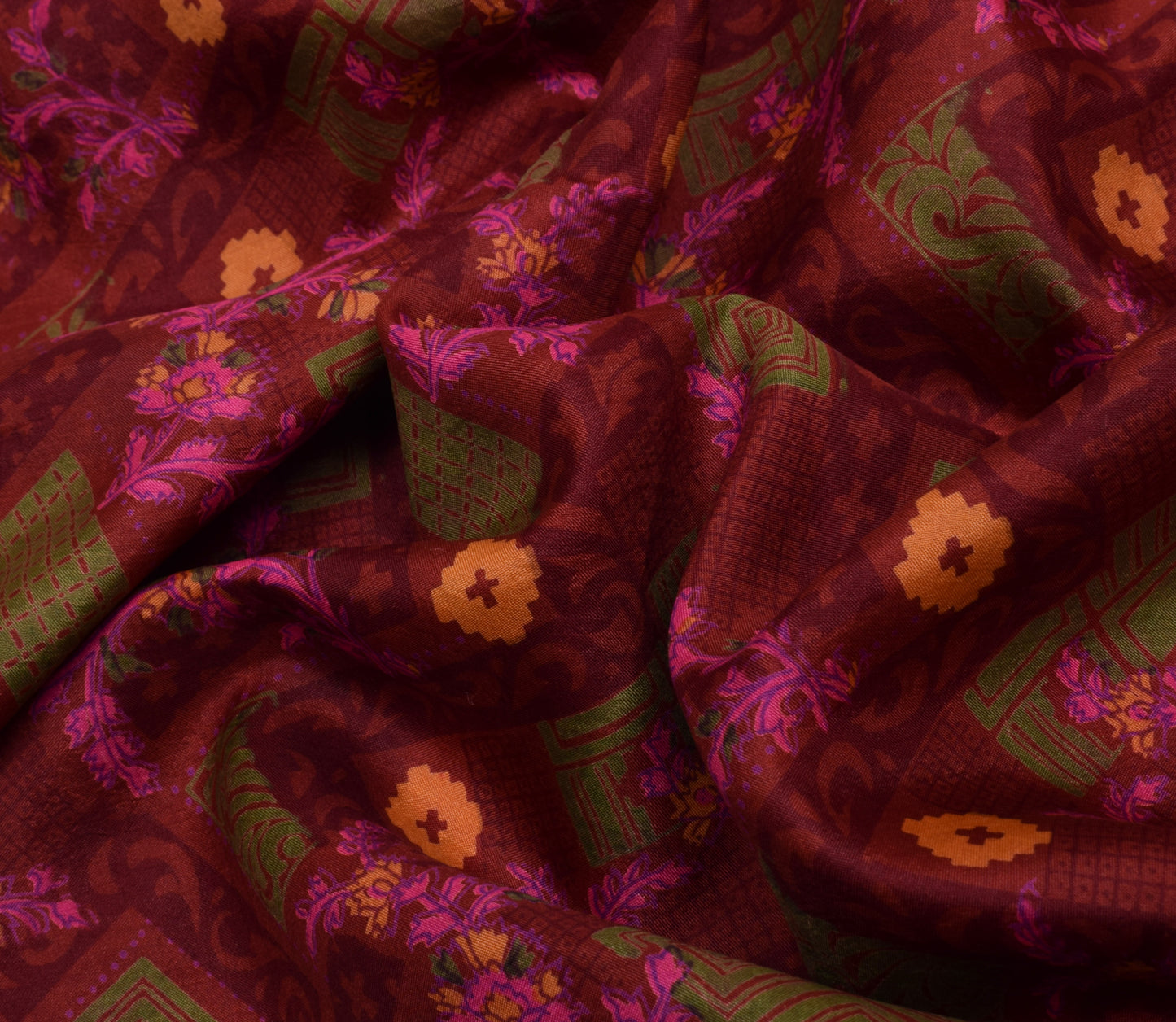 Sushila Vintage Maroon Saree 100% Pure Silk Printed 5 Yard Soft Craft Fabric