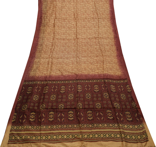 Sushila Vintage Indian Brown Saree 100% Pure Silk Printed Soft Craft Fabric