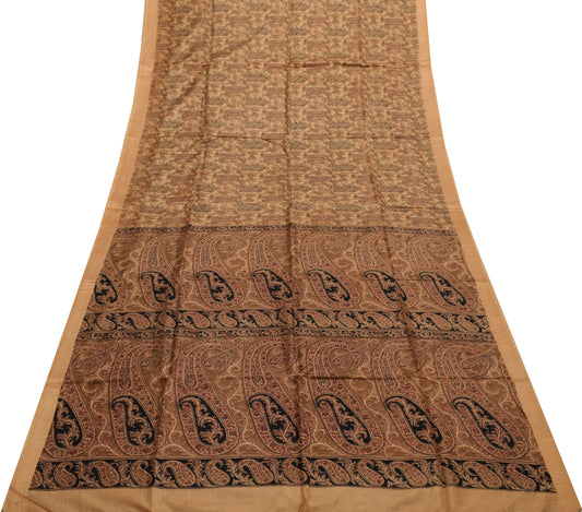 Sushila Vintage Light Brown Saree Pure Silk Printed Floral Soft Craft Fabric