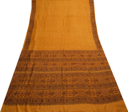 Sushila Vintage Mustard Saree 100% Pure Silk Printed Floral Soft Craft Fabric