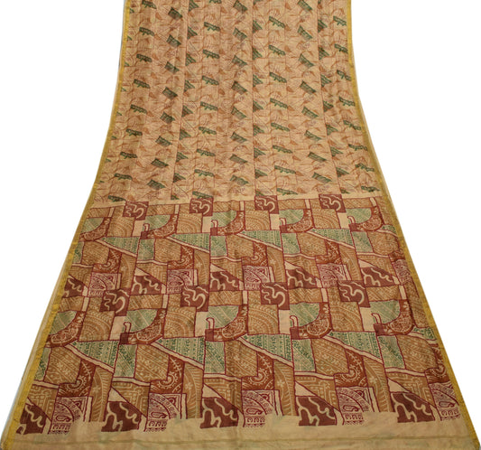 Sushila Vintage Light Brown Saree 100% Pure Silk Printed Soft Craft Sari Fabric