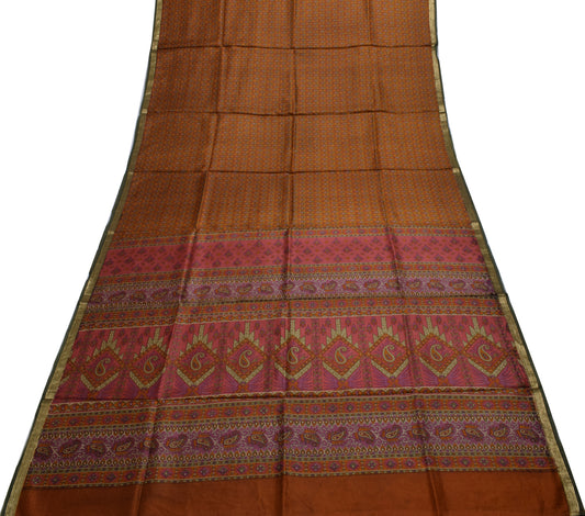 Sushila Vintage Brown Saree 100% Pure Silk Printed Paisley Soft Craft 5YD Fabric