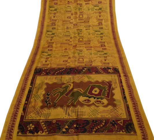 Sushila Vintage Mustard Saree 100% Pure Silk Printed 5 Yard Soft Craft Fabric