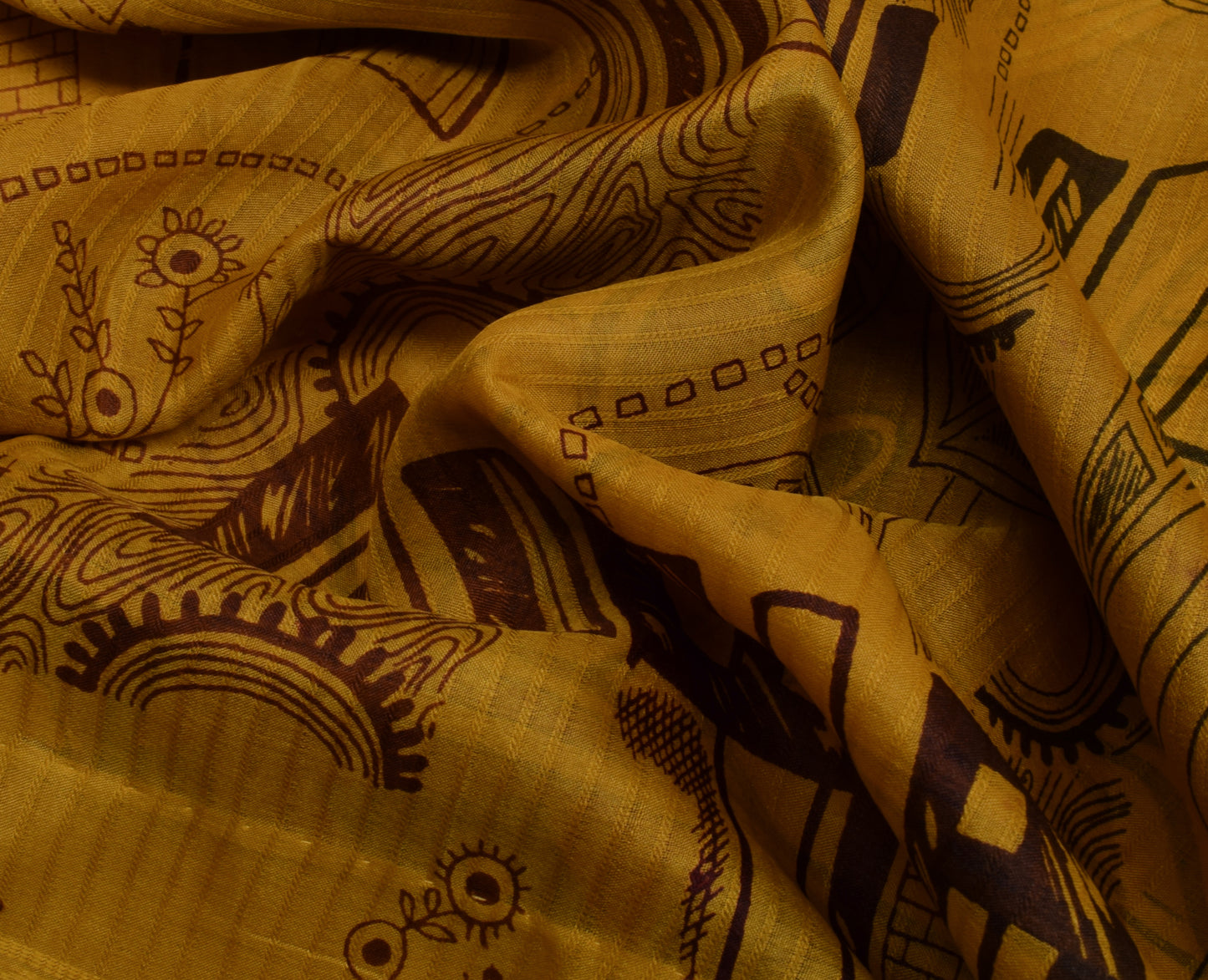 Sushila Vintage Mustard Saree 100% Pure Silk Printed 5 Yard Soft Craft Fabric