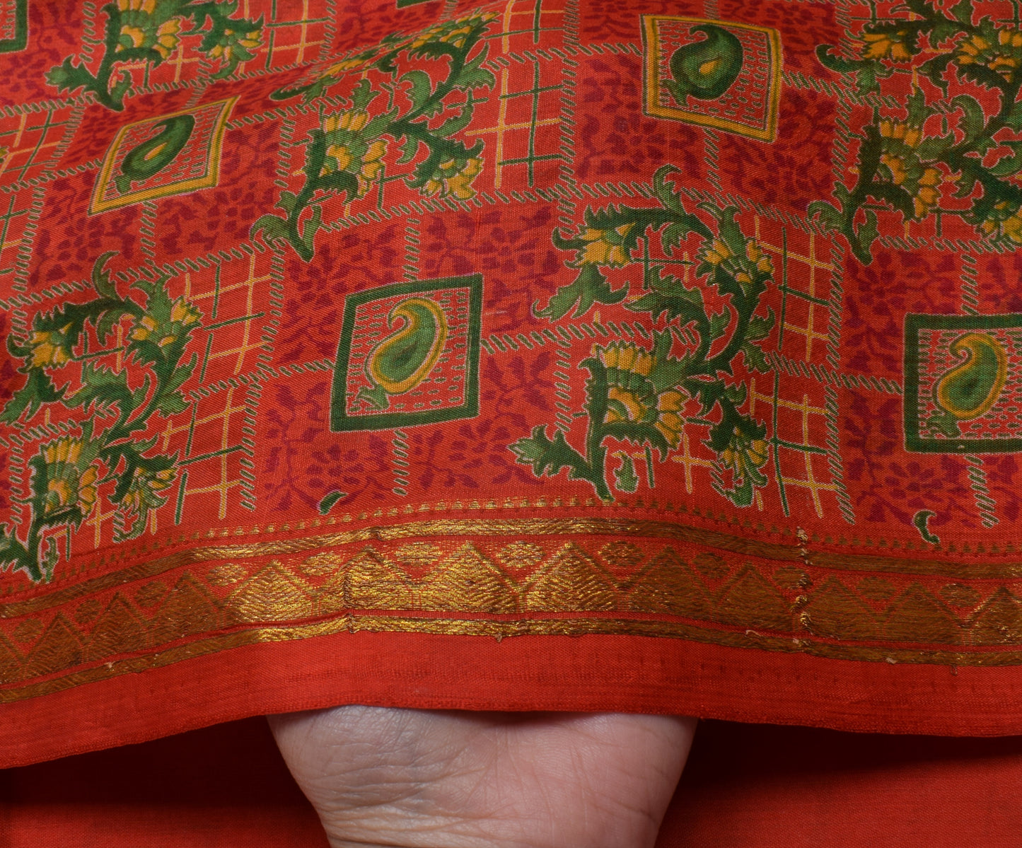 Sushila Vintage Orange Saree 100% Pure Silk Printed Floral Soft Craft Fabric