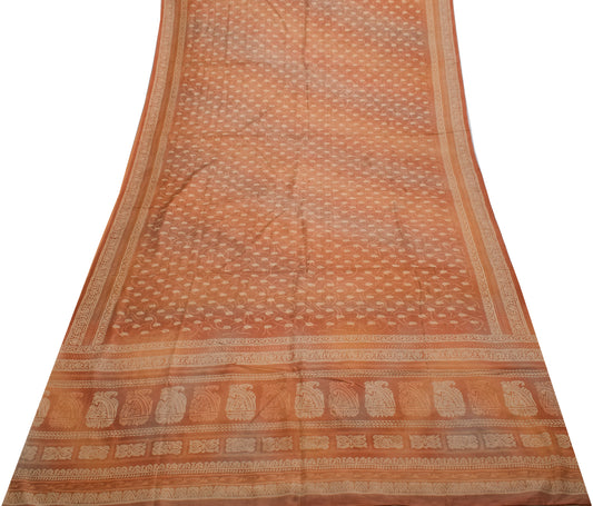 Sushila Vintage Peach Saree 100% Pure Silk Printed Paisley Soft Craft Fabric