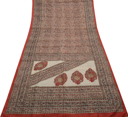 Sushila Vintage Cream Saree 100% Pure Silk Hand Block Printed Soft Craft Fabric