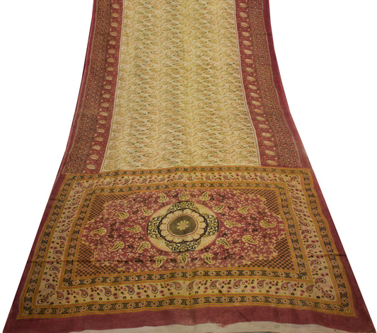 Sushila Vintage Cream Saree 100% Pure Cotton Printed Paisley 5 YD Craft Fabric