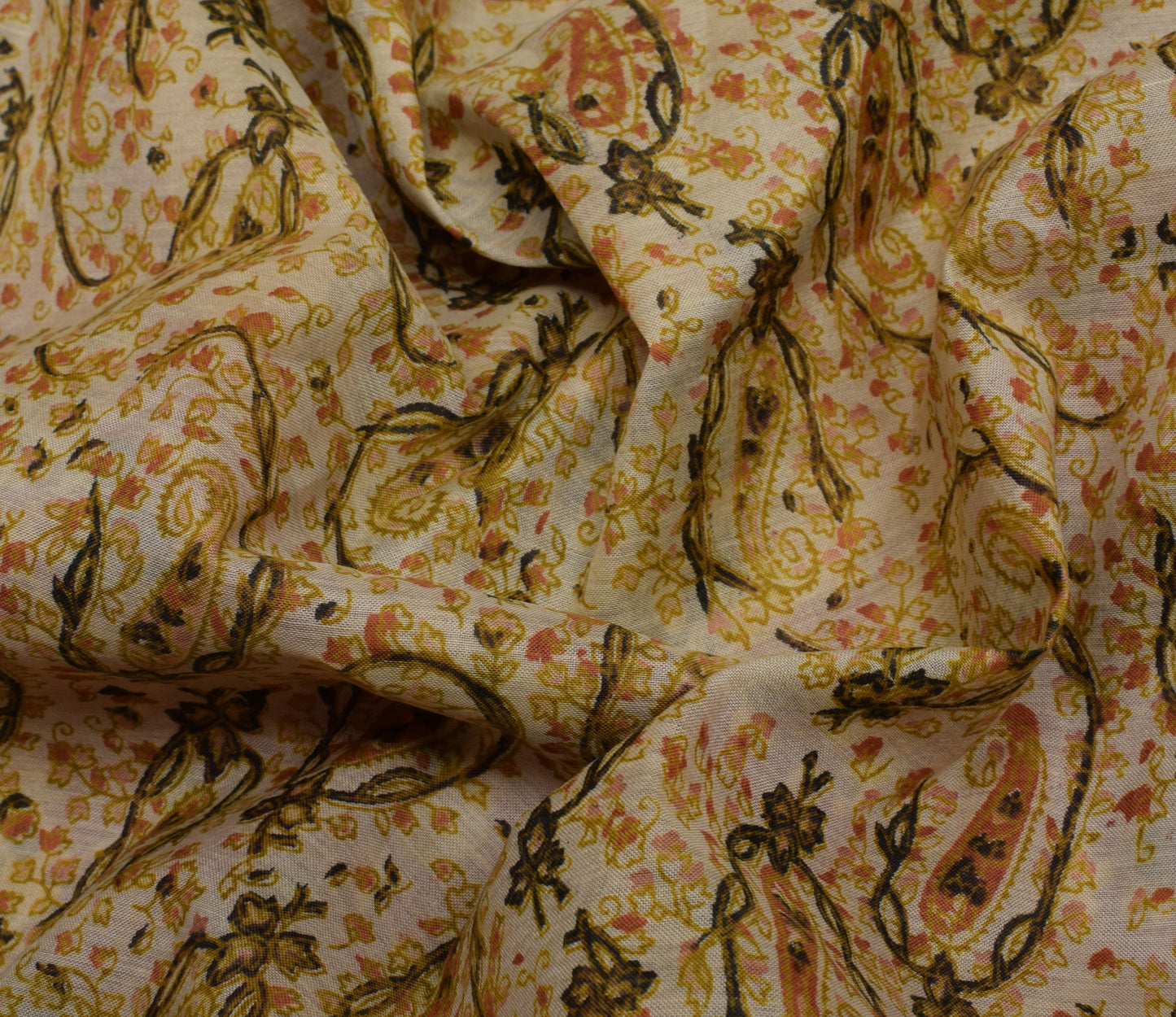 Sushila Vintage Cream Saree 100% Pure Cotton Printed Paisley 5 YD Craft Fabric