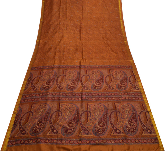 Sushila Vintage Brown Saree 100% Pure Silk Printed Floral Soft Craft Fabric