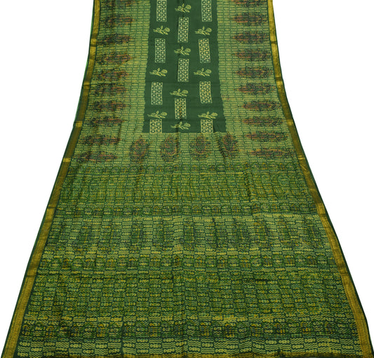 Sushila Vintage Green Saree 100% Pure Silk Printed Floral Soft Craft Sari Fabric