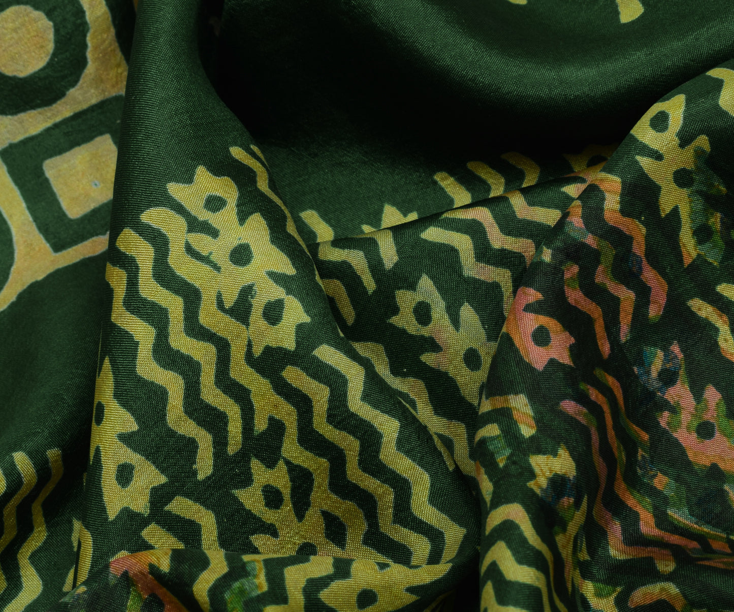 Sushila Vintage Green Saree 100% Pure Silk Printed Floral Soft Craft Sari Fabric