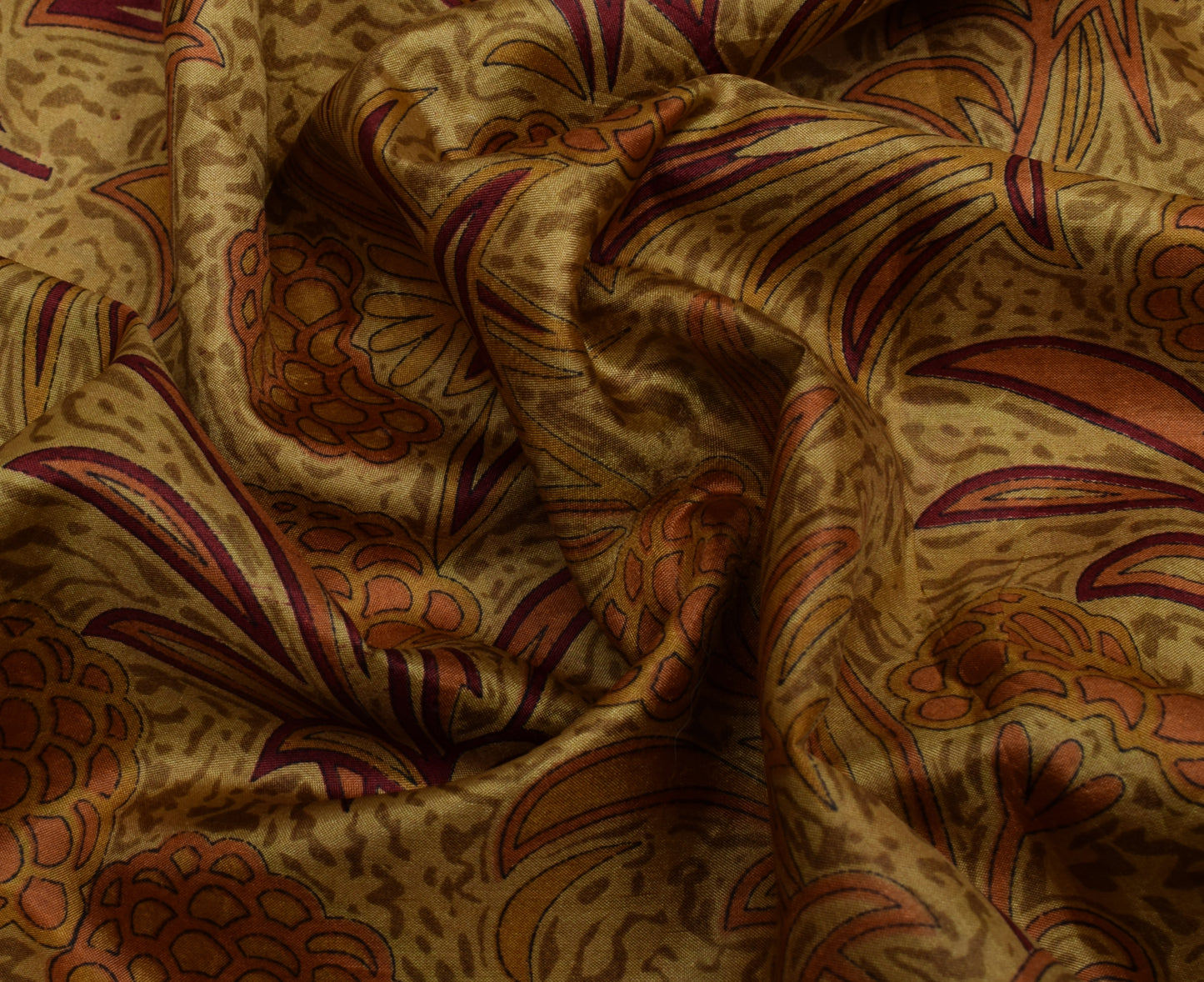 Sushila Vintage Brown Saree 100% Pure Silk Printed Floral Soft Craft 5 YD Fabric