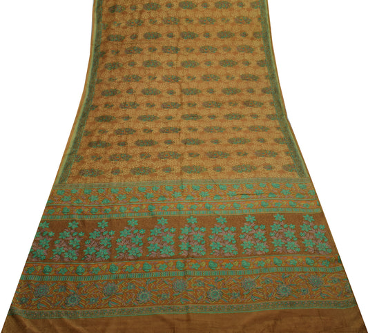 Sushila Vintage Brown Saree 100% Pure Silk Printed Floral Soft Craft Sari Fabric