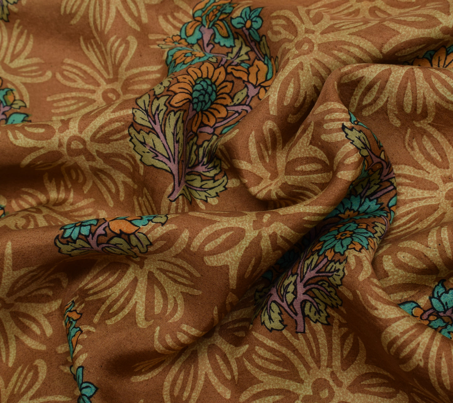 Sushila Vintage Brown Saree 100% Pure Silk Printed Floral Soft Craft Sari Fabric