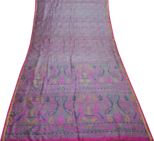 Sushila Vintage Lavender Saree 100% Pure Silk Printed Paisley Soft Craft Fabric
