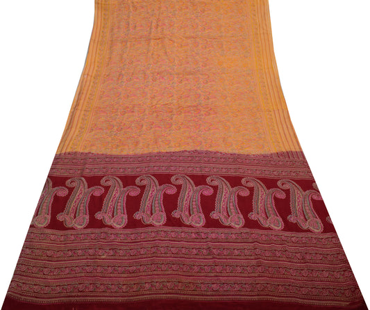 Sushila Vintage Yellow Saree 100% Pure Silk Printed Paisley Soft Craft Fabric