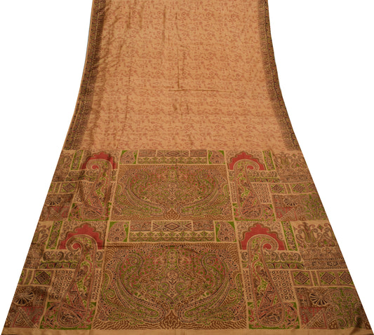 Sushila Vintage Brown Saree 100% Pure Silk Printed Floral Soft Craft Sari Fabric