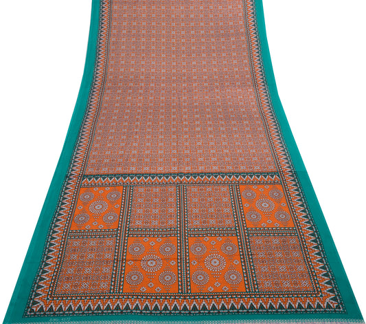 Sushila Vintage Orange Saree Blend Silk Printed Floral Soft Craft Sari Fabric