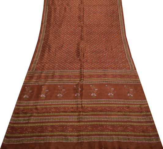Sushila Vintage Brown Saree 100% Pure Silk Printed Floral Soft Craft Sari Fabric