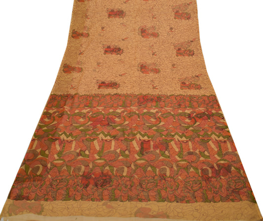 Sushila Vintage Brown Saree Pure Chiffon Silk Printed 5 Yard Soft Sari Fabric