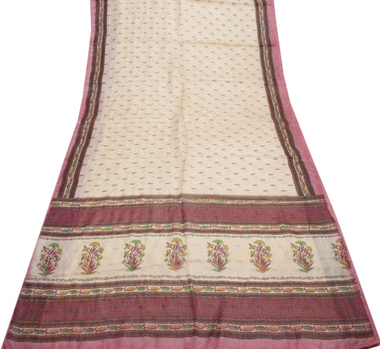 Sushila Vintage Cream Saree 100% Pure Silk Printed Floral 5 YD Soft Craft Fabric