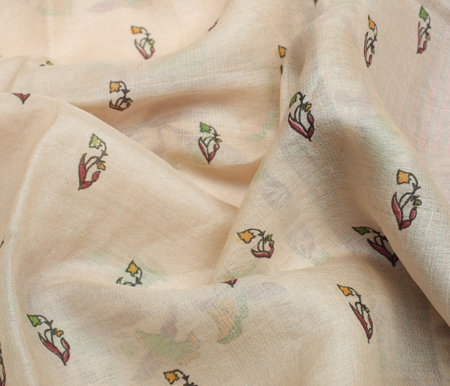 Sushila Vintage Cream Saree 100% Pure Silk Printed Floral 5 YD Soft Craft Fabric