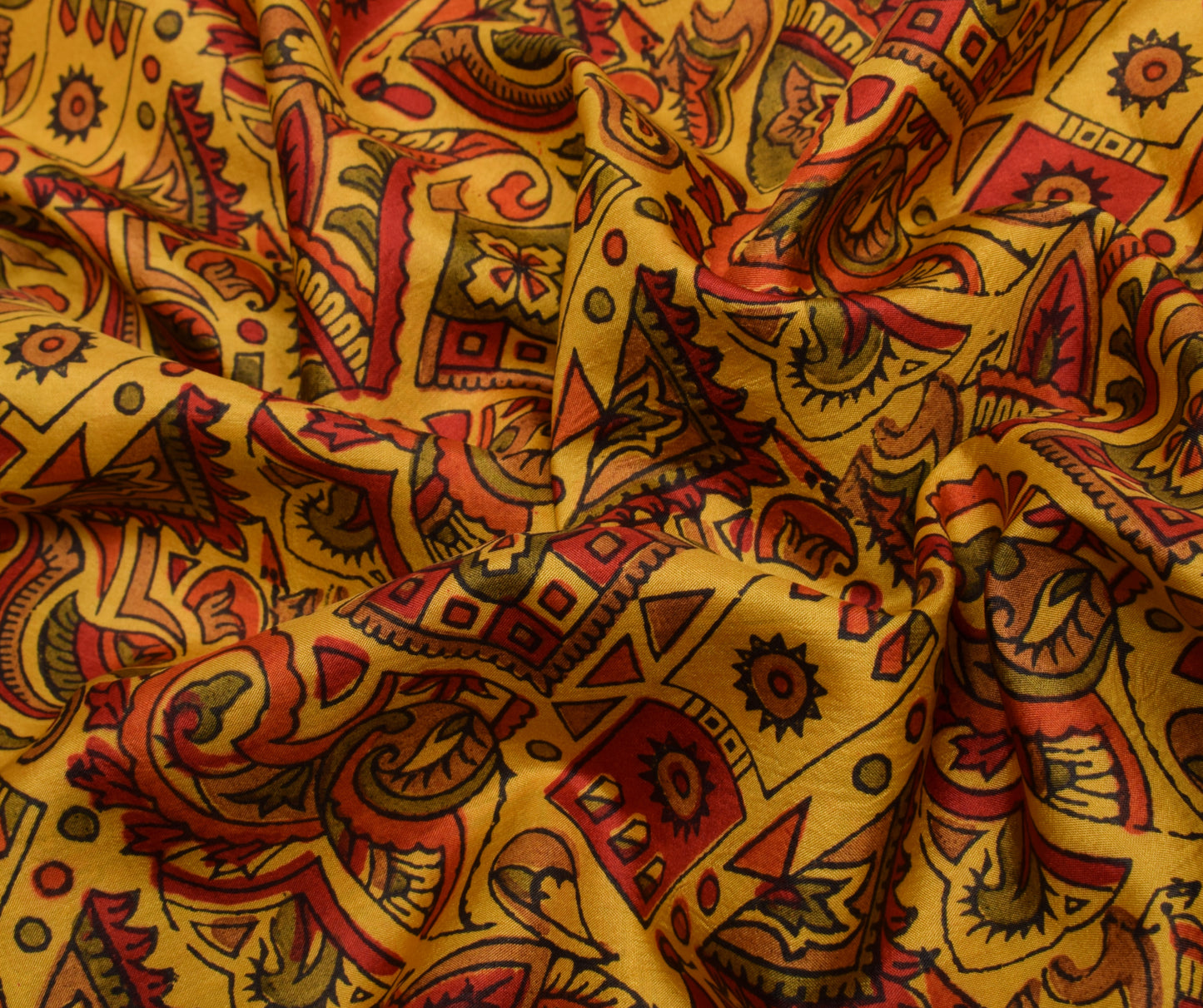 Sushila Vintage Mustard Sari 100% Pure Silk Hand Block Printed Soft Craft Fabric