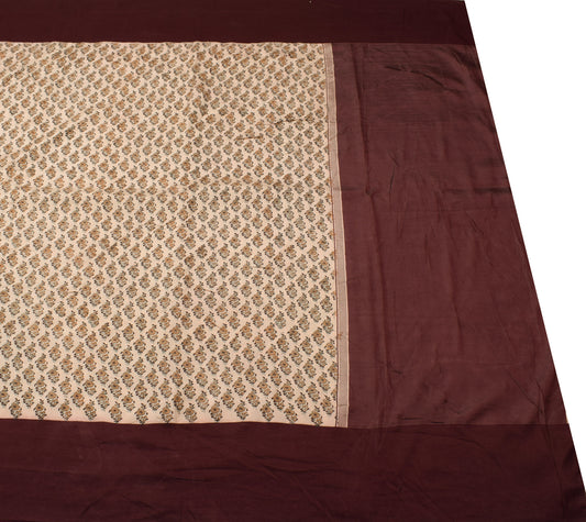 Sushila Vintage Brown Saree 100% Pure Silk Printed Floral 5 YD Soft Craft Fabric