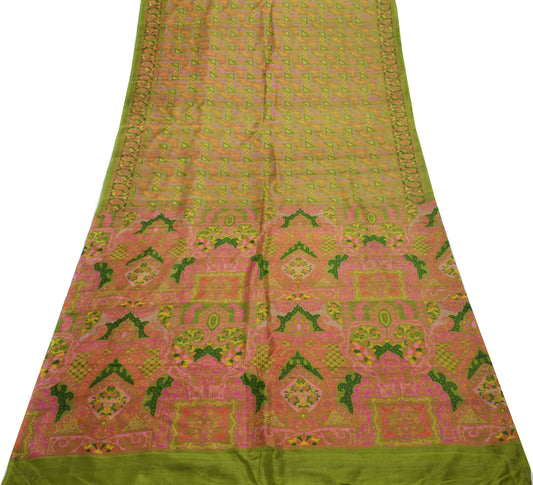 Sushila Vintage Green Saree 100% Pure Silk Printed Floral 5 YD Soft Craft Fabric