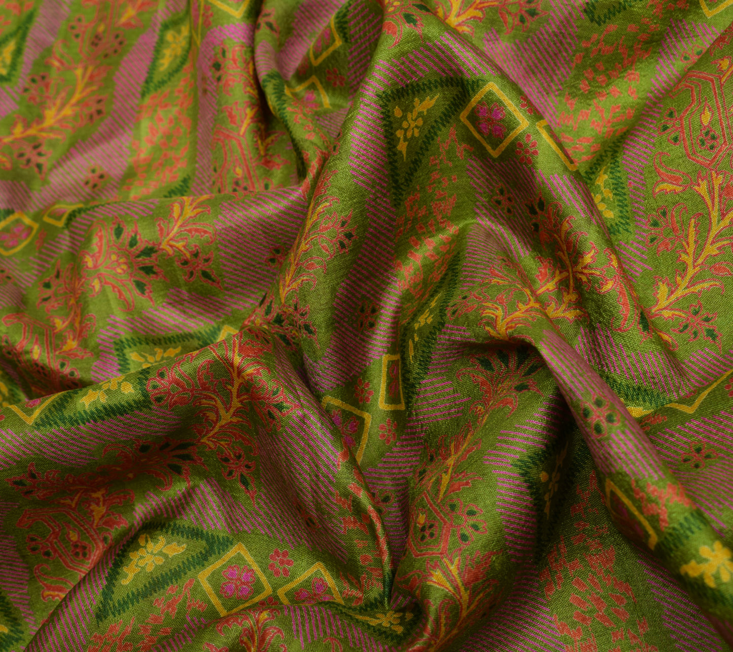 Sushila Vintage Green Saree 100% Pure Silk Printed Floral 5 YD Soft Craft Fabric