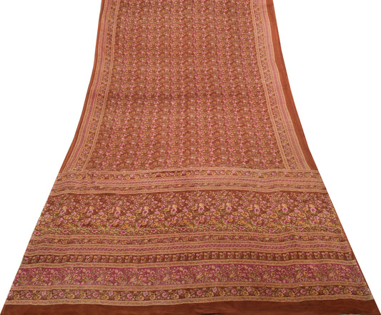 Sushila Vintage Brown Saree 100% Pure Silk Printed Floral 5 YD Soft Craft Fabric