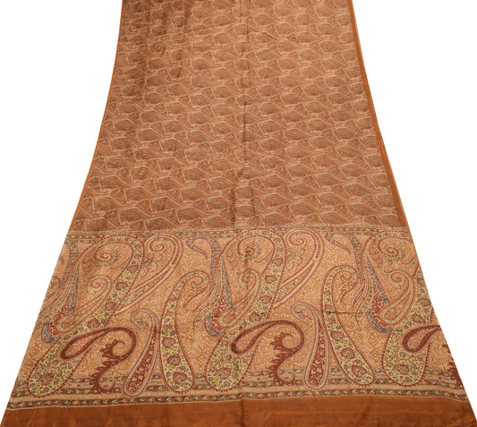 Sushila Vintage Brown Saree 100%Pure Silk Printed Paisley 5 YD Soft Craft Fabric