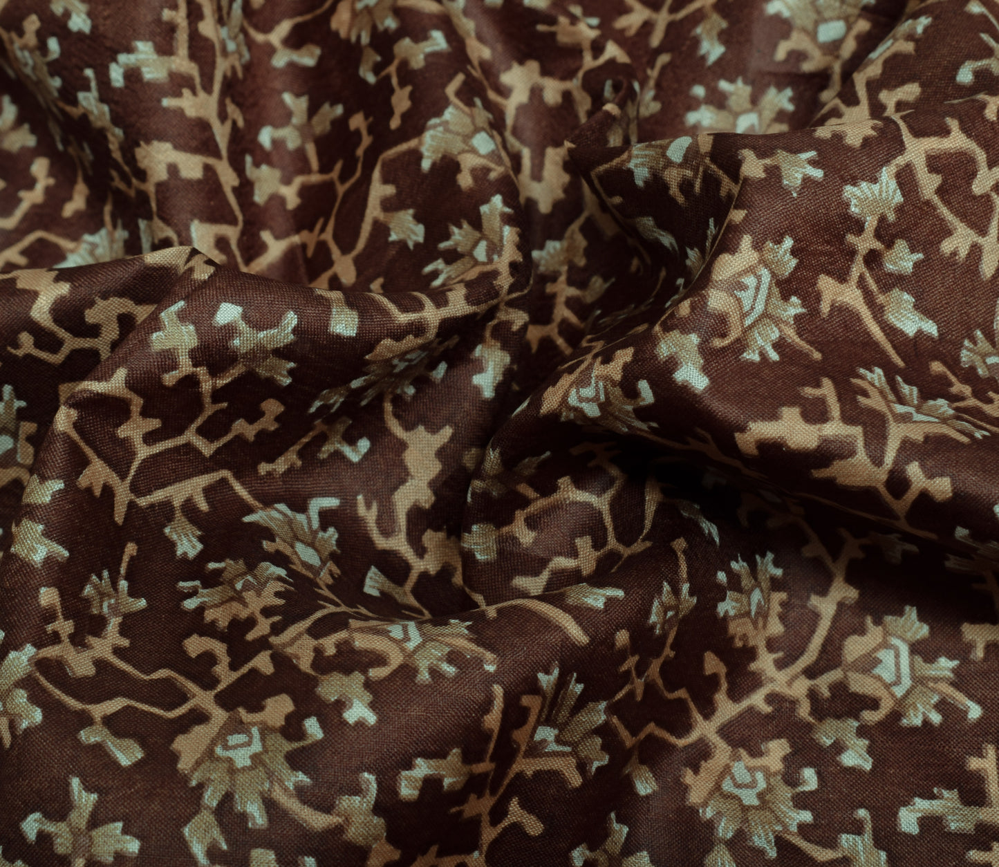 Sushila Vintage Dark Brown Indian Saree 100% Pure Silk Printed 5 YD Craft Fabric