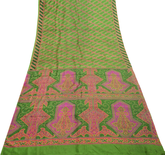 Sushila Vintage Green Saree 100% Pure Silk Printed Floral Soft Craft 5 YD Fabric