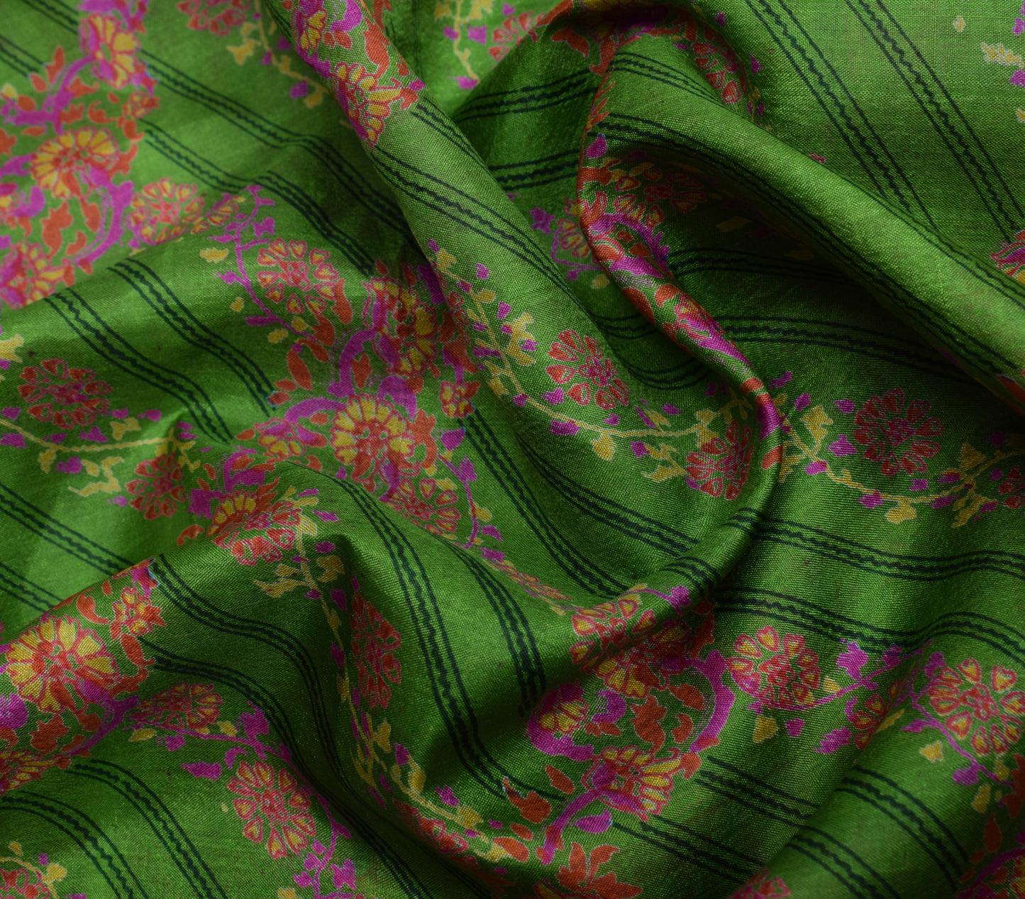 Sushila Vintage Green Saree 100% Pure Silk Printed Floral Soft Craft 5 YD Fabric
