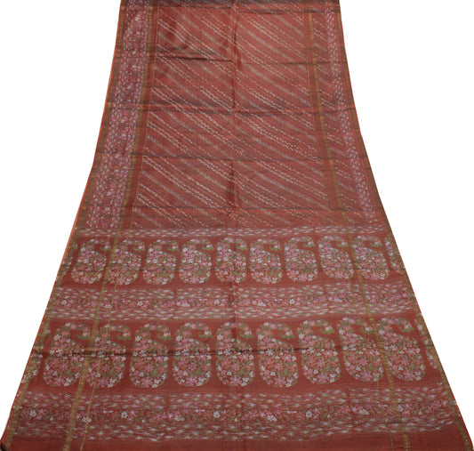 Sushila Vintage Dark Brown Indian Saree 100% Pure Silk Printed 5 YD Craft Fabric