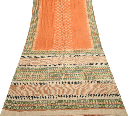 Sushila Vintage Orange Saree 100% Pure Silk Woven Floral Soft 5 YD Craft Fabric