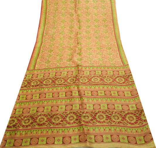 Sushila Vintage Brown Indian Saree 100%Pure Silk Printed Floral 5YD Craft Fabric