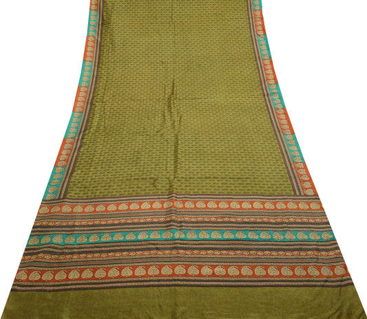 Sushila Vintage Green Saree 100% Pure Silk Printed Paisley Soft Craft Fabric