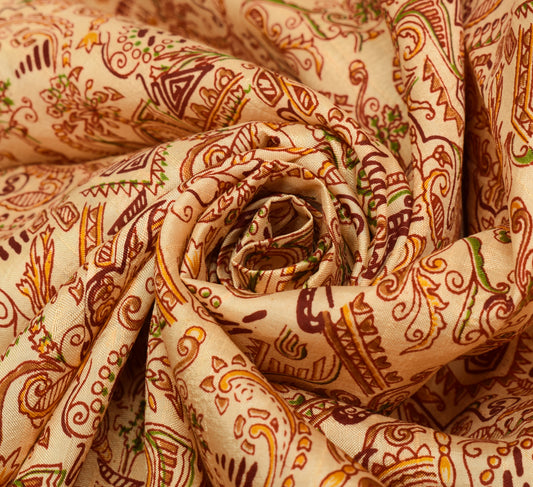 Sushila Vintage Beige Saree 100% Pure Silk Printed Floral 5 Yard Craft Fabric