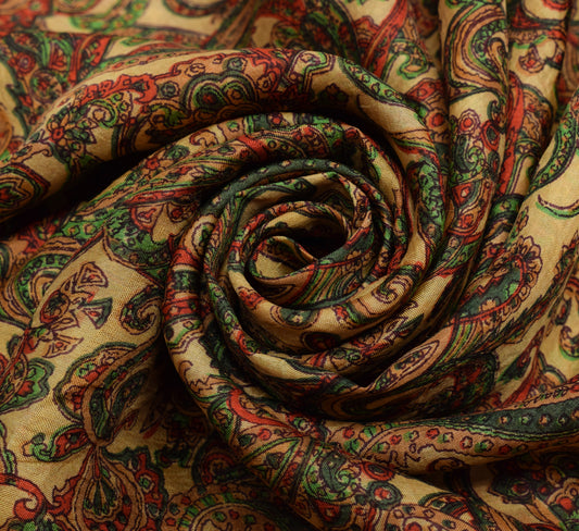 Sushila Vintage Brown Saree 100% Pure Silk Printed Pailsey Soft Craft Fabric