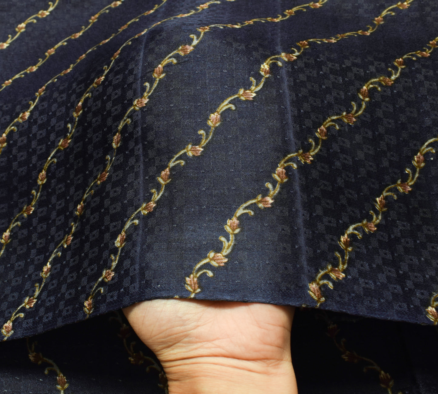 Sushila Vintage Dark Blue Saree 100% Pure Silk Printed Floral Soft Craft Fabric
