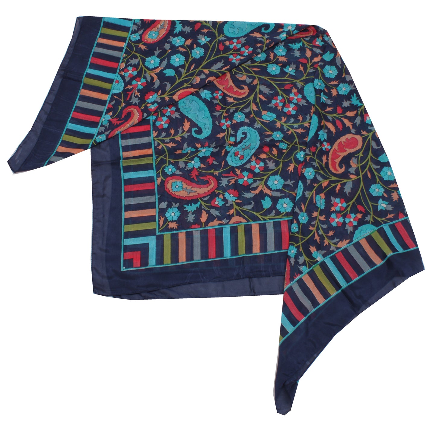 Sushila Vintage Blue Women Neck Scarf Blend Silk Printed Paisley Stole 38" x 36"