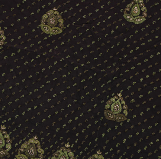Sushila Vintage Black Sari Remnant Scrap Pure Crepe Embroidered Craft Fabric