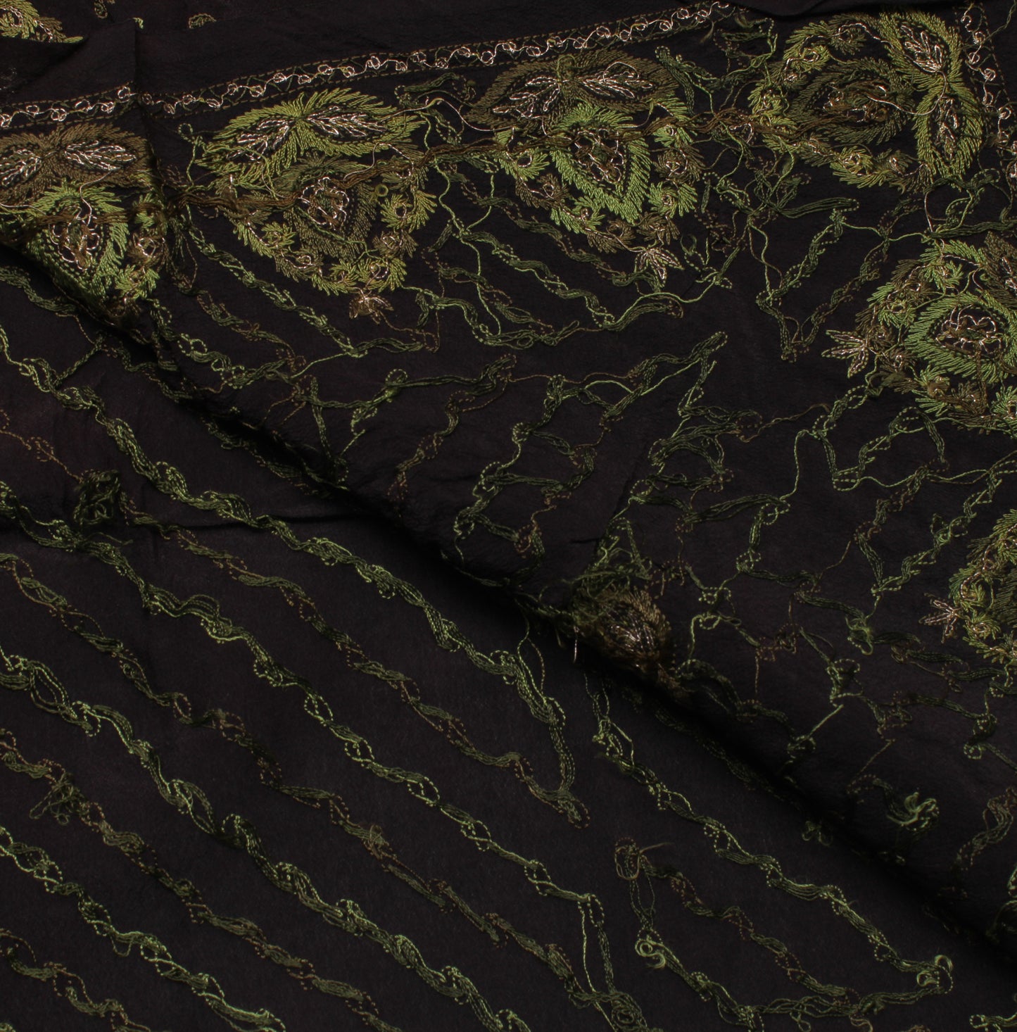 Sushila Vintage Black Sari Remnant Scrap Pure Crepe Embroidered Craft Fabric