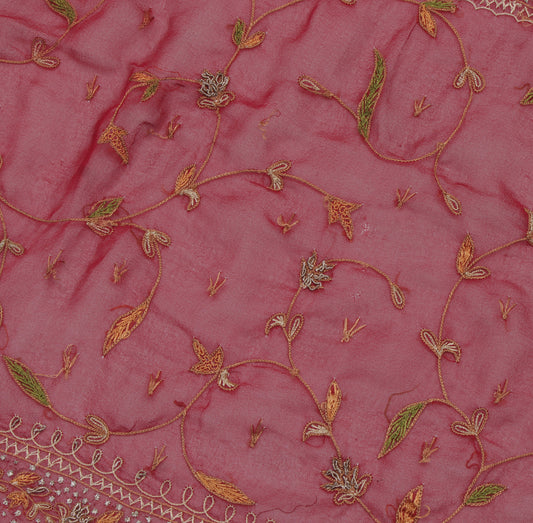 Sushila Vintage Red Sari Remnant Scrap Blend Georgette Embroidered Craft Fabric