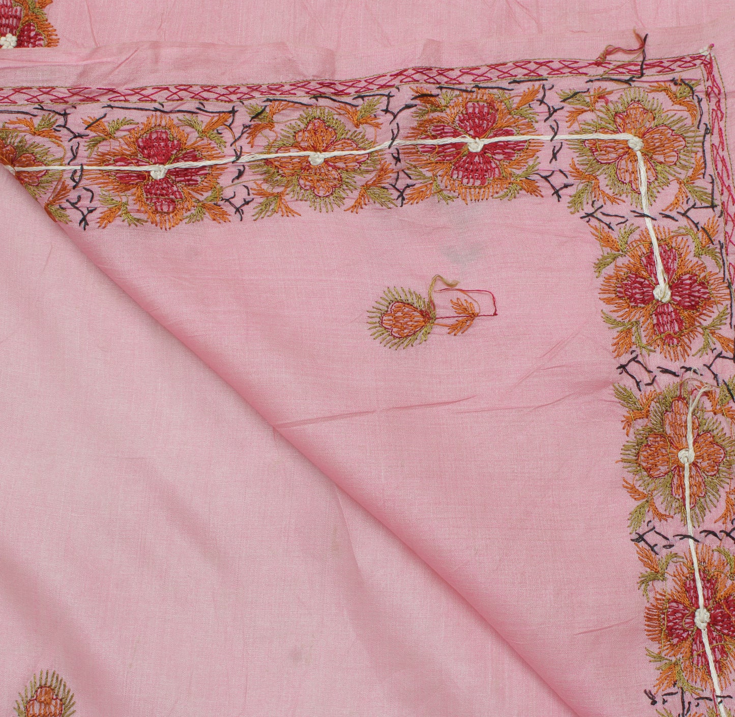 Sushila Vintage Pink Indian Sari Remnant Scrap Pure Silk Floral Craft Fabric