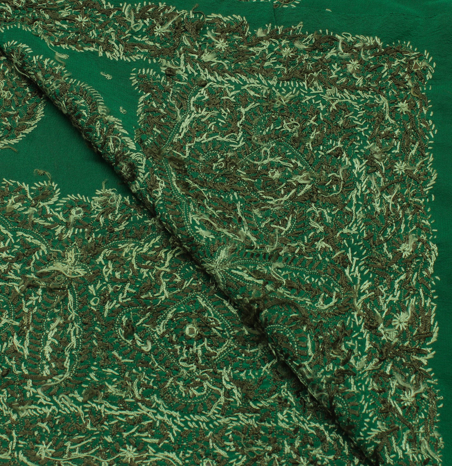 Sushila Vintage Green Sari Remnant Scrap Pure Crepe Embroidered Craft Fabric